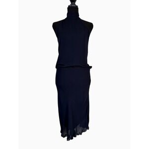 Nili Lotan Womens Blue 100% Silk Halter Neck Blouson Midi Dress Size XS OldMoney